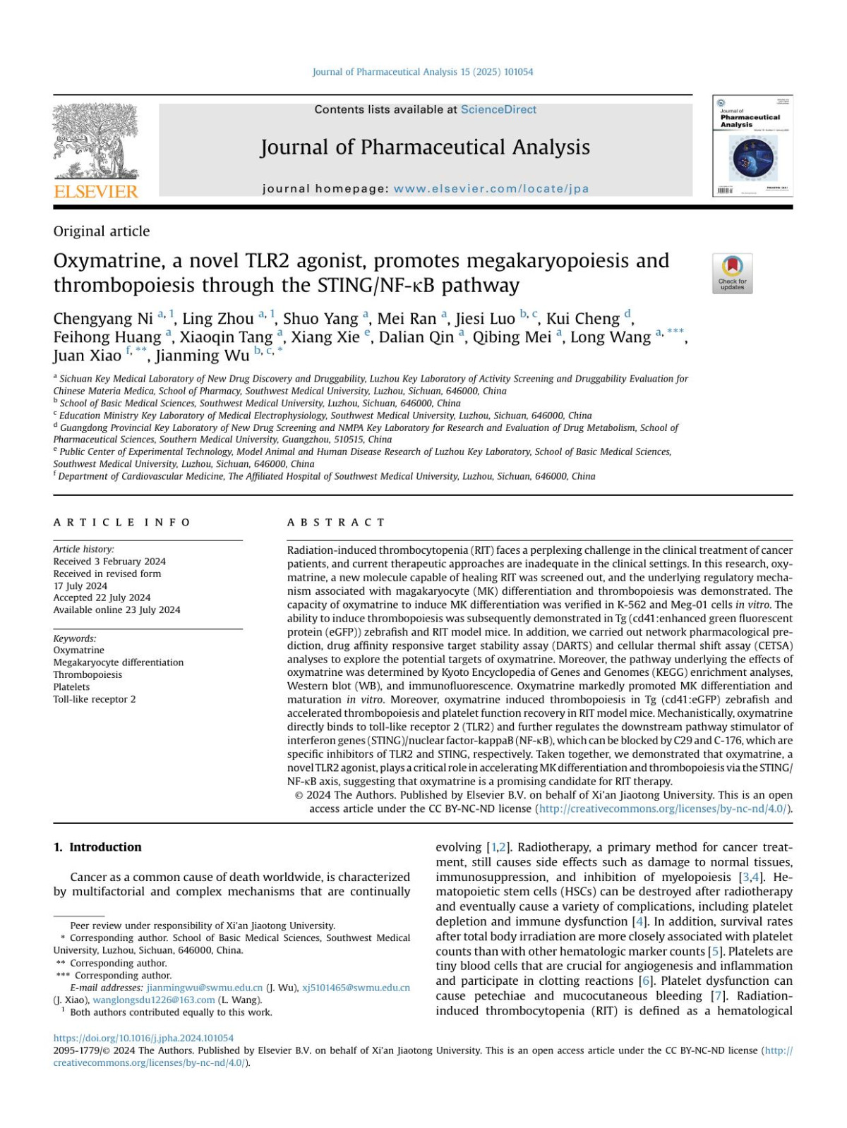 Oxymatrine A Novel Tlr2 Agonist Promotes Megakaryopoiesis And Thrombopoiesis Through The Stingnfkappab Pathway Chengyang Ni Ling Zhou Shuo Yang Mei Ran Jiesi Luo Kui Cheng Feihong Huang Xiaoqin Tang Xiang Xie Dalian Qin Qibing Mei Long Wang Juan Xiao Jianming Wu