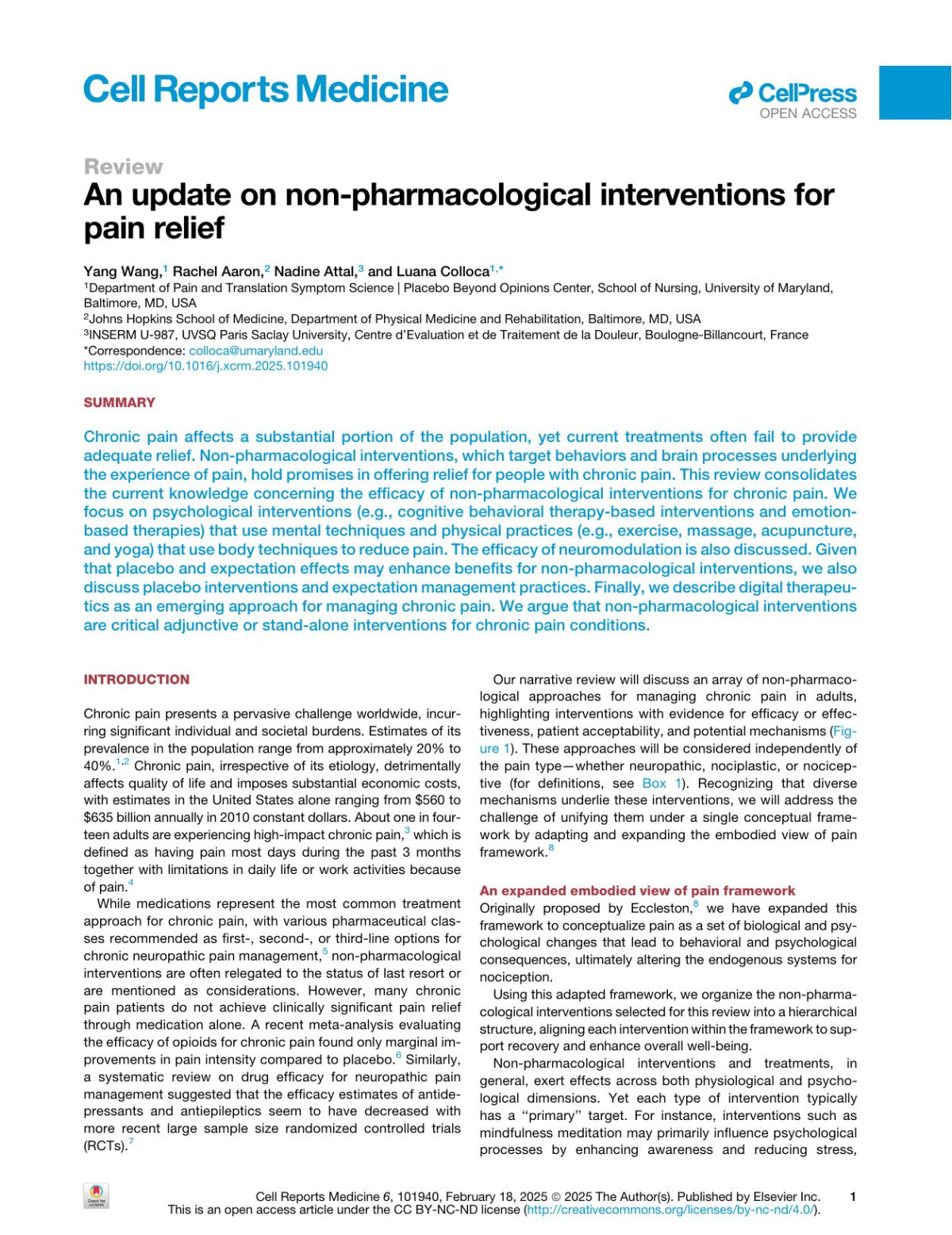 An Update On Nonpharmacological Interventions For Pain Relief Yang Wang Rachel Aaron Nadine Attal Luana Colloca