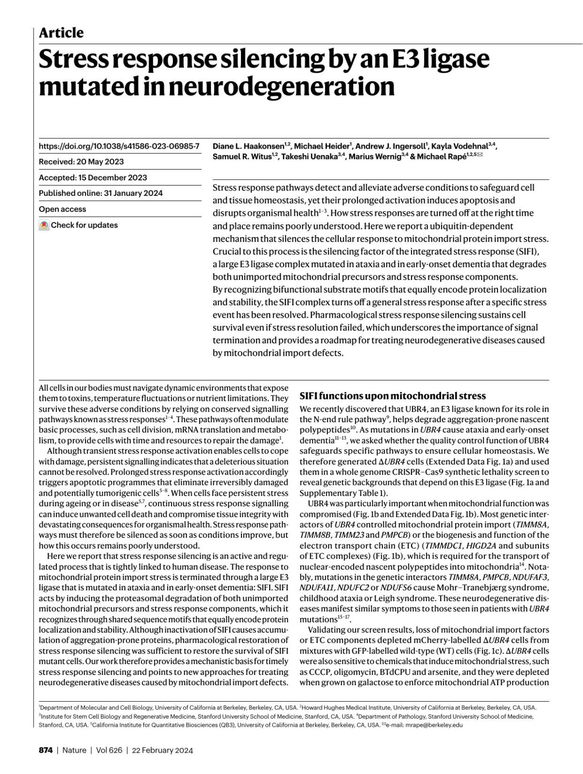 Stress Response Silencing By An E3 Ligase Mutated In Neurodegeneration Diane L Haakonsen Michael Heider Andrew J Ingersoll Kayla Vodehnal Samuel R Witus Takeshi Uenaka Marius Wernig Michael Rapé