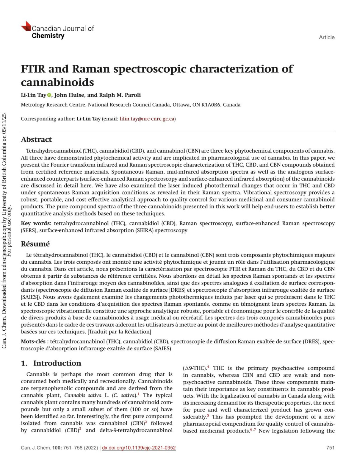 Ftir And Raman Spectroscopic Characterization Of Cannabinoids 10th Edition Lilin Tay