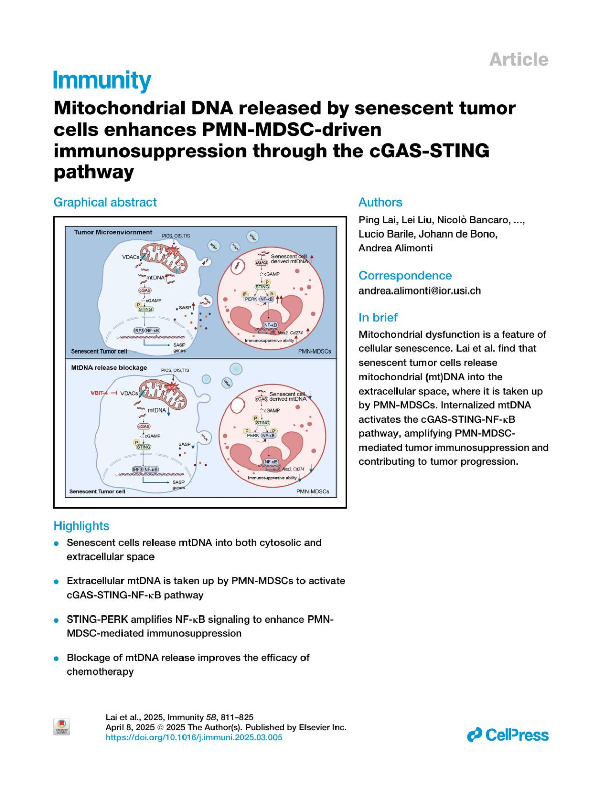 Mitochondrial Dna Released By Senescent Tumor Cells Enhances Pmnmdscdriven Immunosuppression Through The Cgassting Pathway X