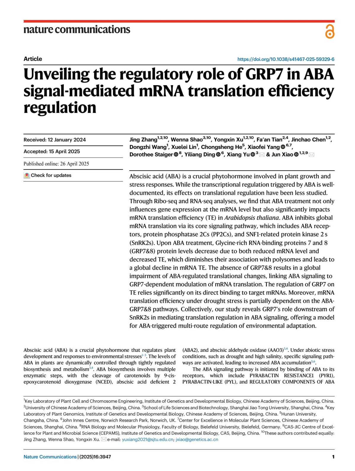 Unveiling The Regulatory Role Of Grp7 In Aba Signalmediated Mrna Translation Efficiency Regulation Jing Zhang Wenna Shao Yongxin Xu Faan Tian Jinchao Chen Dongzhi Wang Xuelei Lin Chongsheng He Xiaofei Yang Dorothee Staiger Yiliang Ding Xiang Yu Jun Xiao