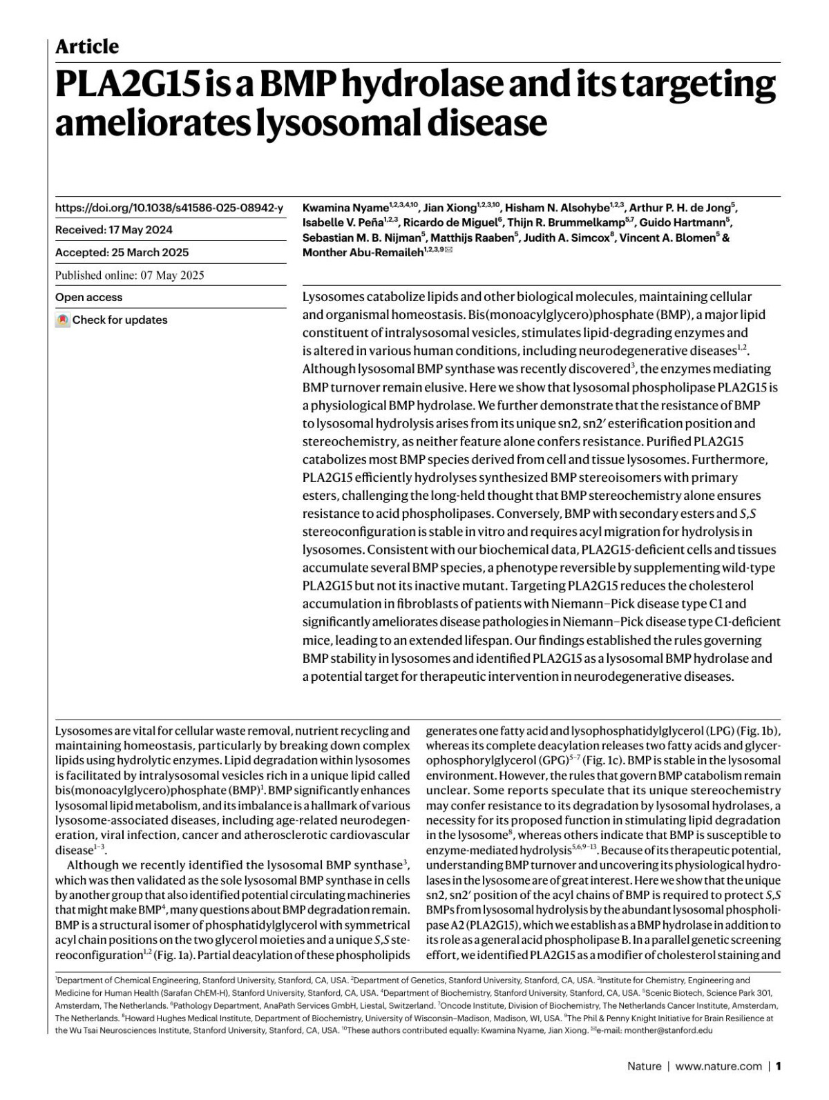 Pla2g15 Is A Bmp Hydrolase And Its Targeting Ameliorates Lysosomal Disease X