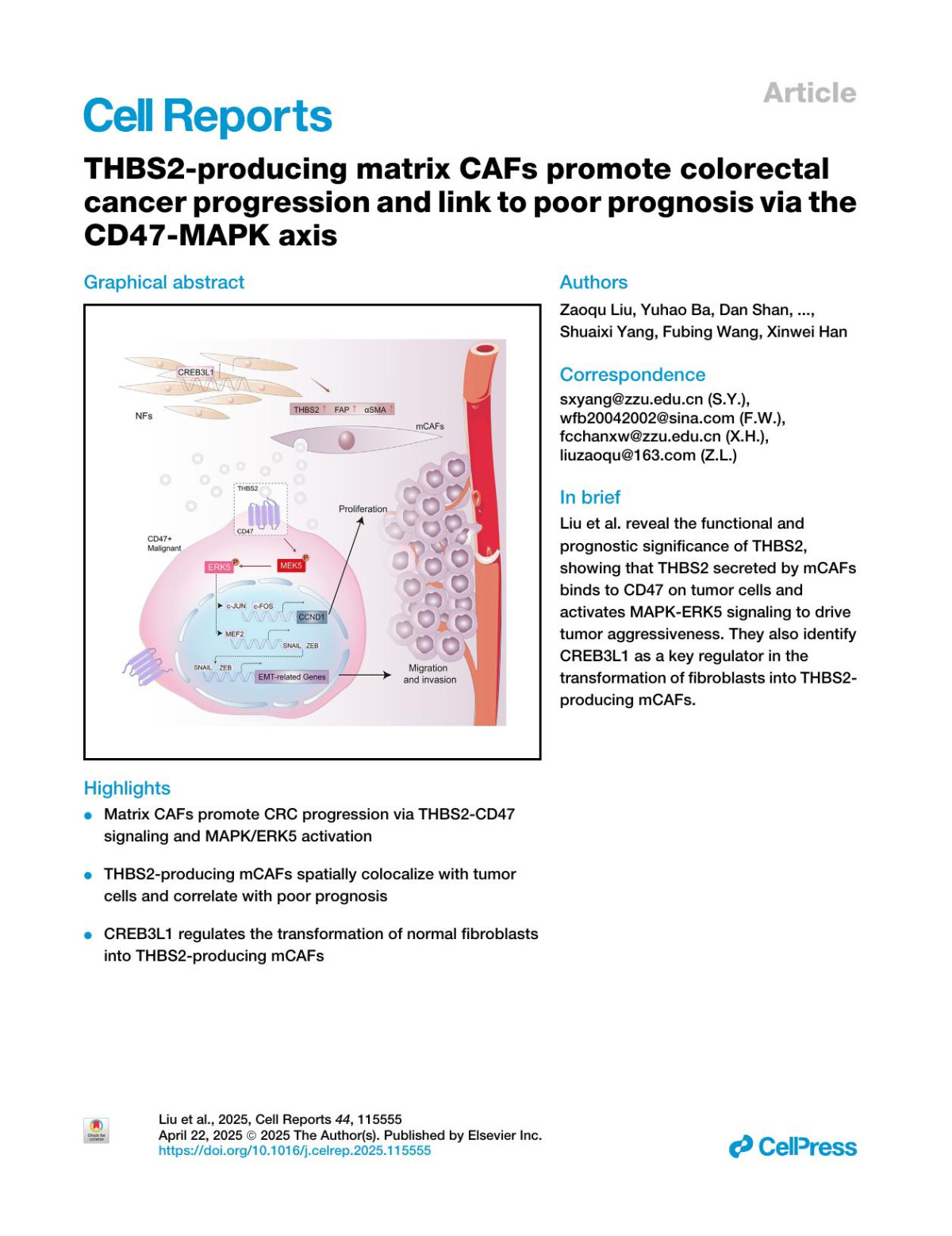 Thbs2producing Matrix Cafs Promote Colorectal Cancer Progression And Link To Poor Prognosis Via The Cd47mapk Axis Zaoqu Liu Yuhao Ba Dan Shan Xing Zhou Anning Zuo Yuyuan Zhang Hui Xu Shutong Liu Benyu Liu Yanan Zhao Siyuan Weng Ruizhi Wang Jinhai Deng Peng Luo Quan Cheng Xin Hu Shuaixi Yang Fubing Wang Xinwei Han