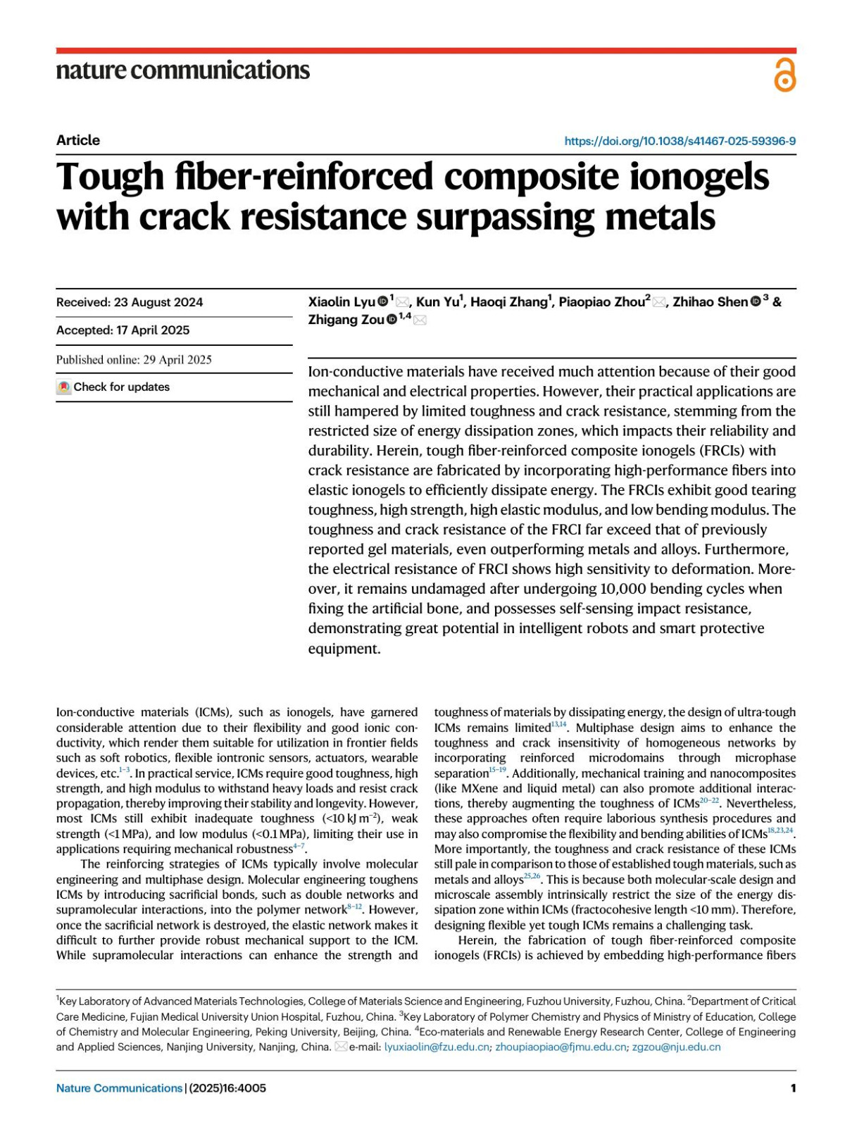 Tough Fiberreinforced Composite Ionogels With Crack Resistance Surpassing Metals Xiaolin Lyu Kun Yu Haoqi Zhang Piaopiao Zhou Zhihao Shen Zhigang Zou