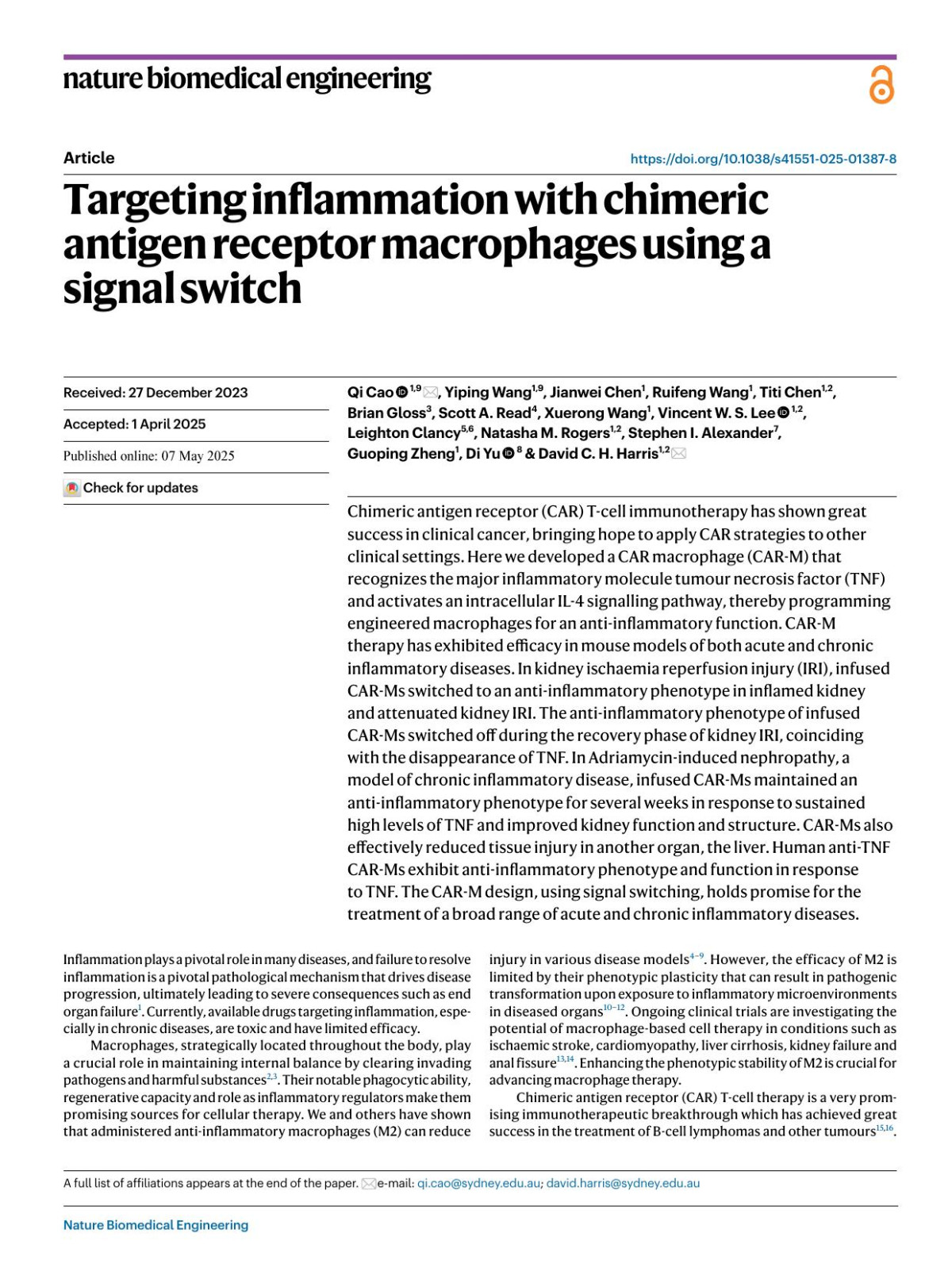 Targeting Inflammation With Chimeric Antigen Receptor Macrophages Using A Signal Switch Qi Cao Yiping Wang Jianwei Chen Ruifeng Wang Titi Chen Brian Gloss Scott A Read Xuerong Wang Vincent W S Lee Leighton Clancy Natasha M Rogers Stephen I Alexander Guoping Zheng Di Yu David C H Harris