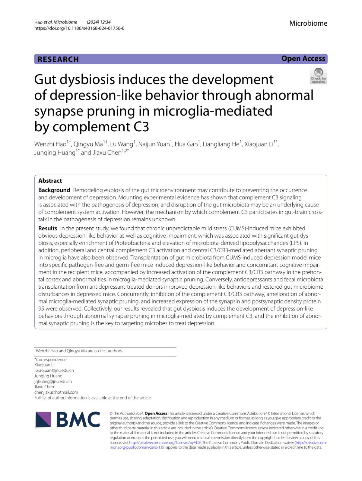 Gut Dysbiosis Induces The Development Of Depressionlike Behavior Through Abnormal Synapse Pruning In Microgliamediated By Complement C3 Wenzhi Hao Qingyu Ma Lu Wang Naijun Yuan Hua Gan Liangliang He Xiaojuan Li Junqing Huang Jiaxu Chen