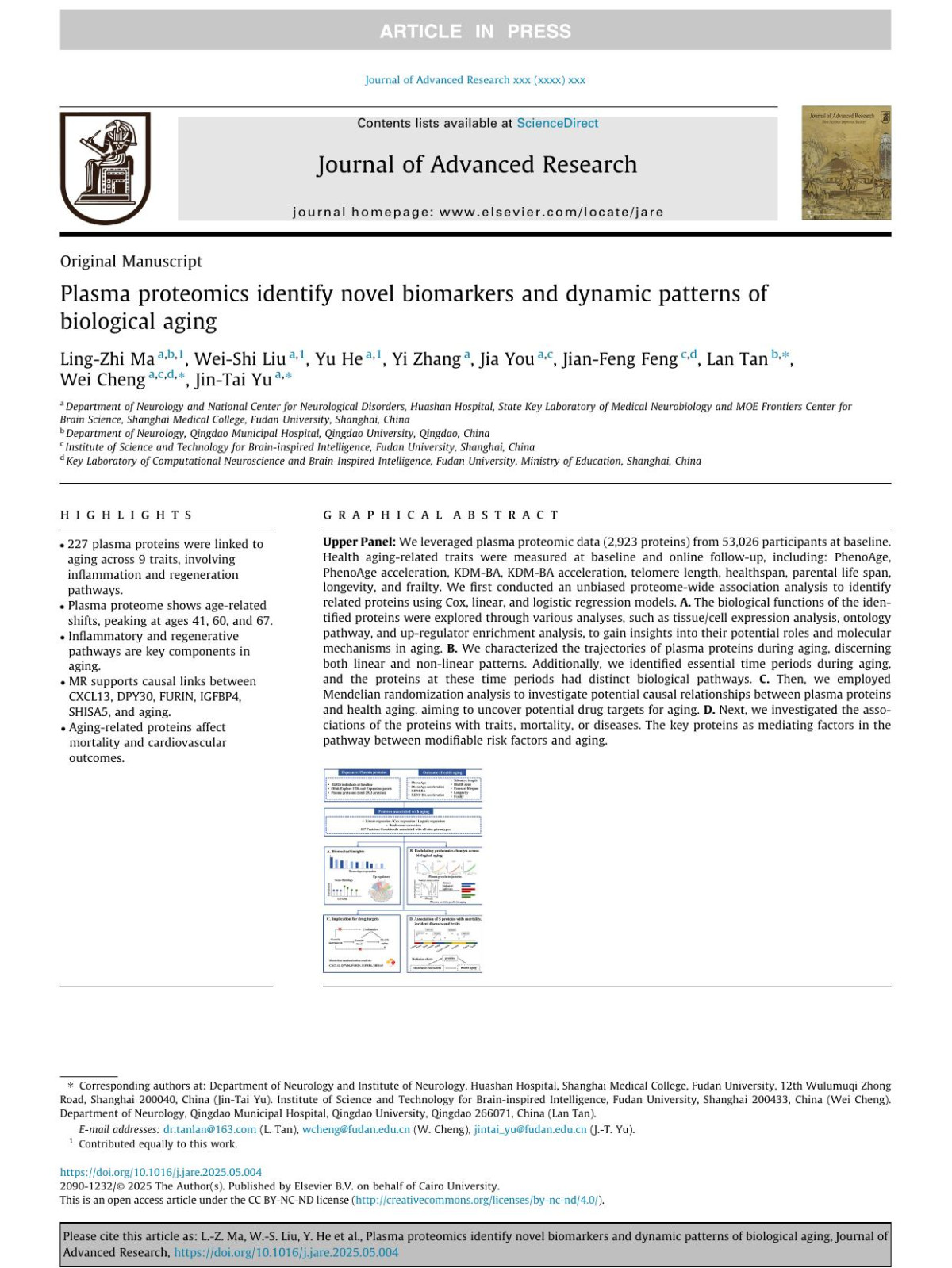 Plasma Proteomics Identify Novel Biomarkers And Dynamic Patterns Of Biological Aging Lingzhi Ma Weishi Liu Yu He Yi Zhang Jia You Jianfeng Feng Lan Tan Wei Cheng Jintai Yu