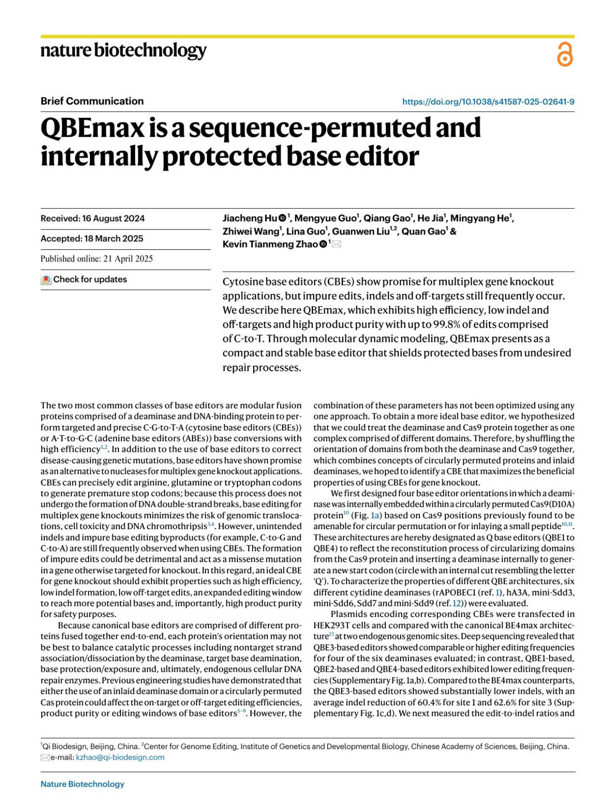 Qbemax Is A Sequencepermuted And Internally Protected Base Editor Jiacheng Hu Mengyue Guo Qiang Gao He Jia Mingyang He Zhiwei Wang Lina Guo Guanwen Liu Quan Gao Kevin Tianmeng Zhao