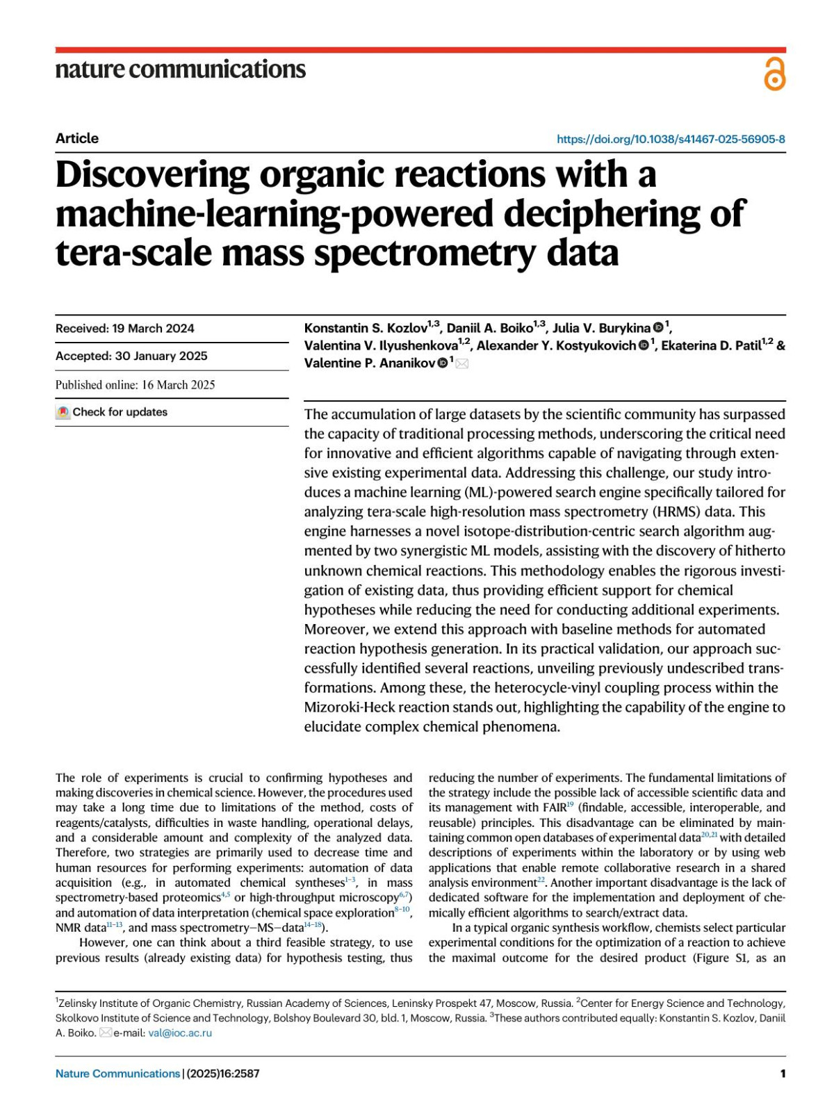 Discovering Organic Reactions With A Machinelearningpowered Deciphering Of Terascale Mass Spectrometry Data Konstantin S Kozlov Daniil A Boiko Julia V Burykina Valentina V Ilyushenkova Alexander Y Kostyukovich Ekaterina D Patil Valentine P Ananikov