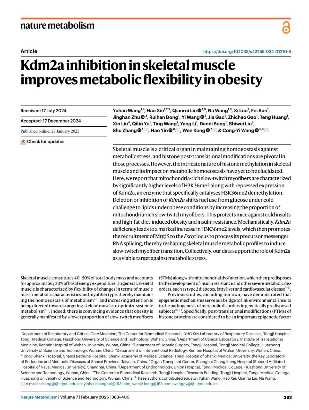 Kdm2a Inhibition In Skeletal Muscle Improves Metabolic Flexibility In Obesity Yuhan Wang Hao Xie Qianrui Liu Na Wang Xi Luo Fei Sun Jinghan Zhu Ruihan Dong Yi Wang Jia Gao Zhichao Gao Teng Huang Xin Liu Qilin Yu Ting Wang Yang Li Danni Song Shiwei Liu Shu Zhang Hao Yin Wen Kong Congyi Wang