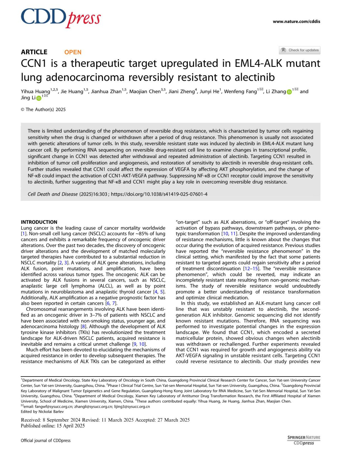 Ccn1 Is A Therapeutic Target Upregulated In Eml4alk Mutant Lung Adenocarcinoma Reversibly Resistant To Alectinib Yihua Huang Jie Huang Jianhua Zhan Maojian Chen Jiani Zheng Junyi He Wenfeng Fang Li Zhang Jing Li