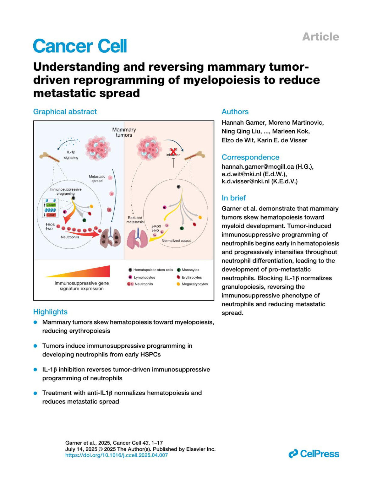 Understanding And Reversing Mammary Tumordriven Reprogramming Of Myelopoiesis To Reducemetastatic Spread Hannah Garner Moreno Martinovic Ning Qing Liu Noor Am Bakker Irene Querol Velilla Cheeising Hau Kim Vrijland Daphne Kaldenbach Marleen Kok Elzo De Wit Karin E De Visser