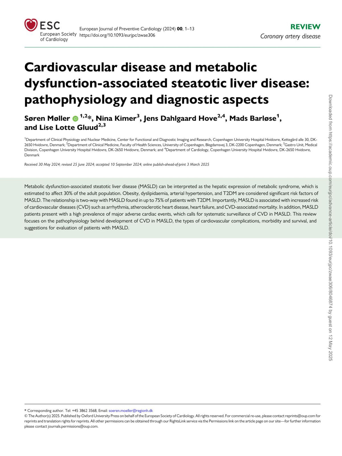 Cardiovascular Disease And Metabolic Dysfunctionassociated Steatotic Liver Disease Pathophysiology And Diagnostic Aspects Søren Møller Nina Kimer Jens Dahlgaard Hove Mads Barløse Lise Lotte Gluud