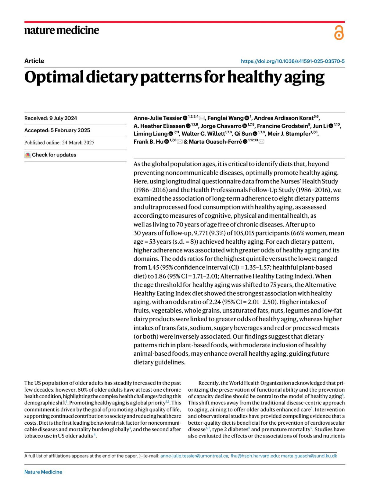 Optimal Dietary Patterns For Healthy Aging Annejulie Tessier Fenglei Wang Andres Ardisson Korat A Heather Eliassen Jorge Chavarro Francine Grodstein Jun Li Liming Liang Walter C Willett Qi Sun Meir J Stampfer Frank B Hu Marta Guaschferrampx000e9