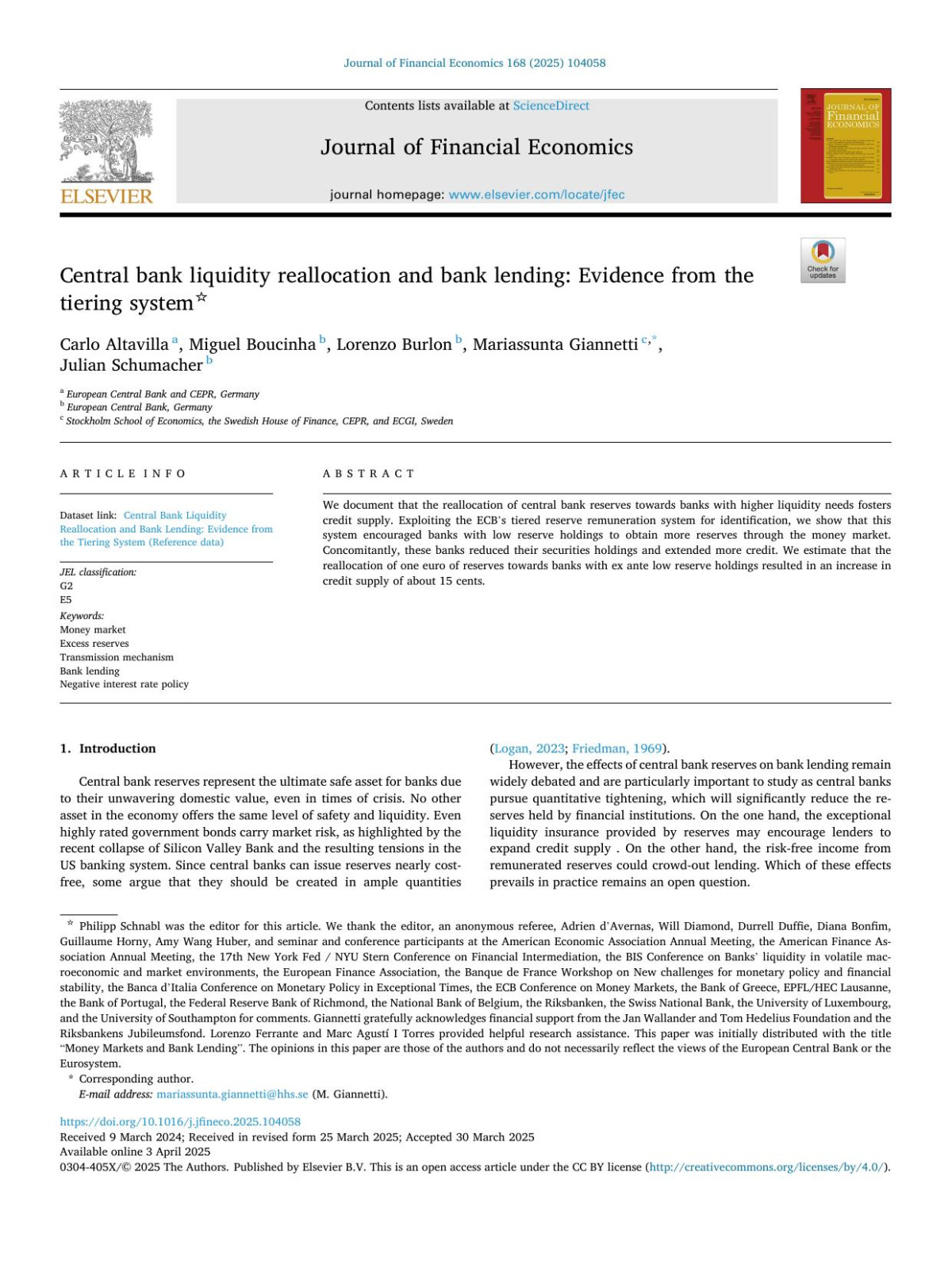 Central Bank Liquidity Reallocation And Bank Lending Evidence From The Tiering System Carlo Altavilla