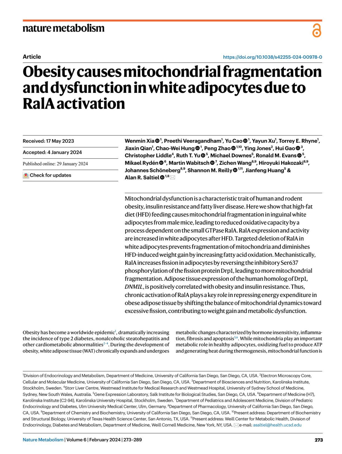 Obesity Causes Mitochondrial Fragmentation And Dysfunction In White Adipocytes Due To Rala Activation Wenmin Xia 1