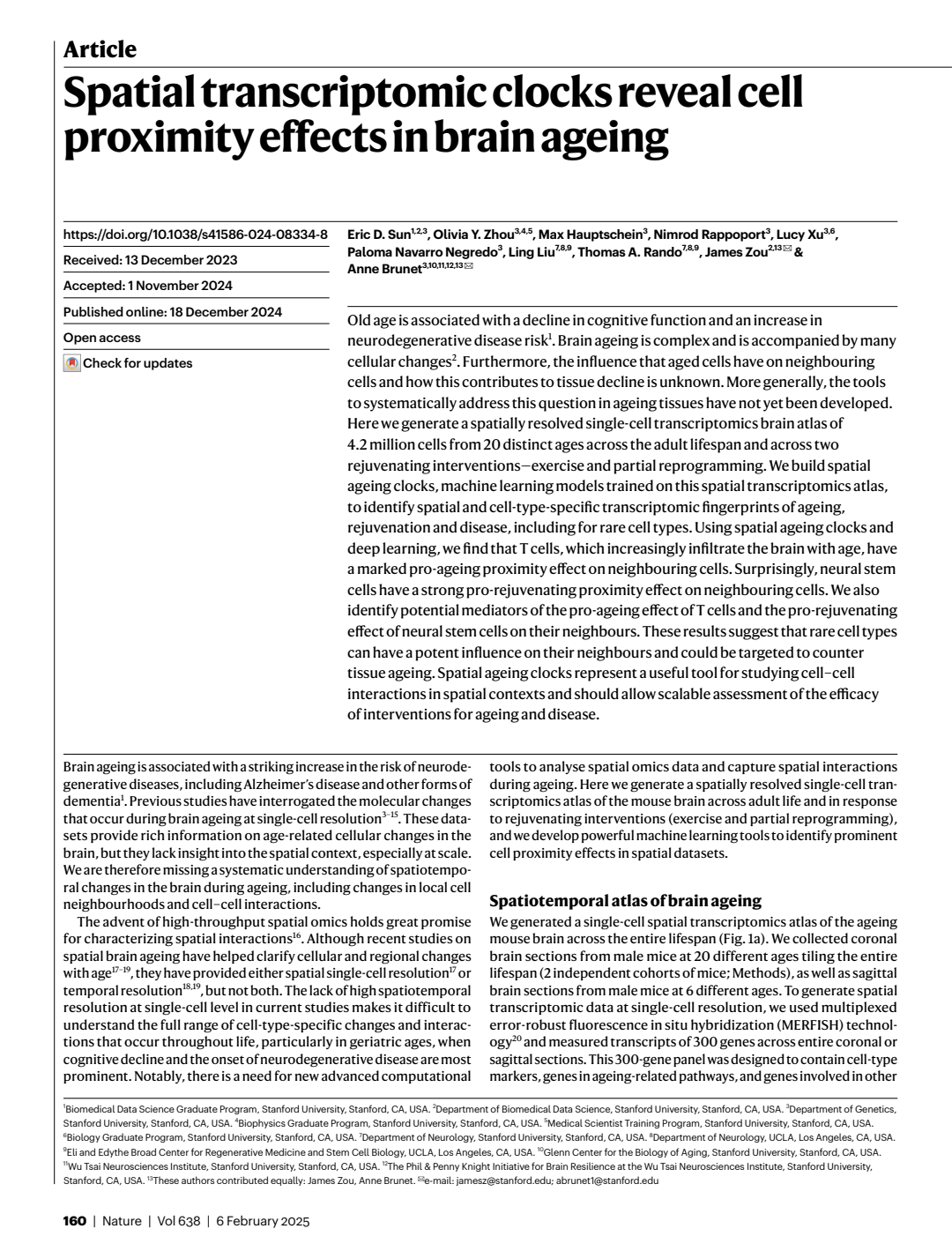 Spatial Transcriptomic Clocks Reveal Cell Proximity Effects In Brain Ageing Eric D Sun Olivia Y Zhou Max Hauptschein Nimrod Rappoport Lucy Xu Paloma Navarro Negredo Ling Liu Thomas A Rando James Zou Anne Brunet