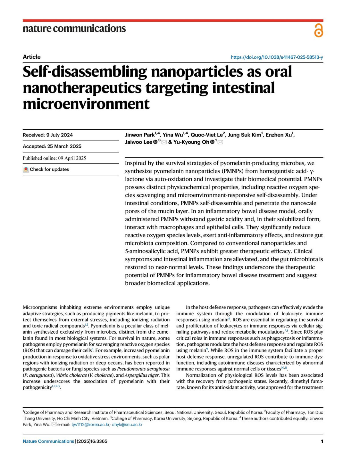 Selfdisassembling Nanoparticles As Oral Nanotherapeutics Targeting Intestinal Microenvironment Jinwon Park Yina Wu Quocviet Le Jung Suk Kim Enzhen Xu Jaiwoo Lee Yukyoung Oh