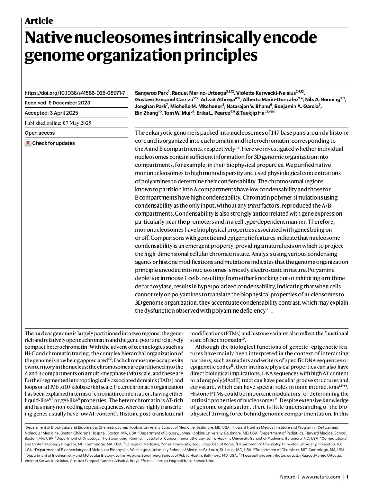 Native Nucleosomes Intrinsically Encode Genome Organization Principles Sangwoo Park1