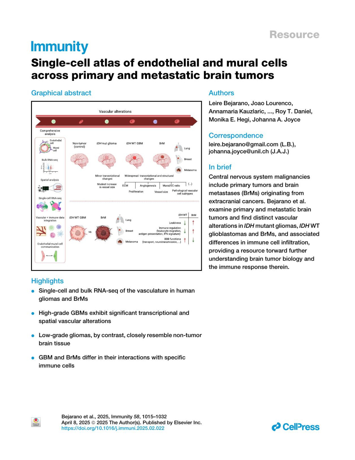 Singlecell Atlas Of Endothelial And Mural Cells Across Primary And Metastatic Brain Tumors Leire Bejarano
