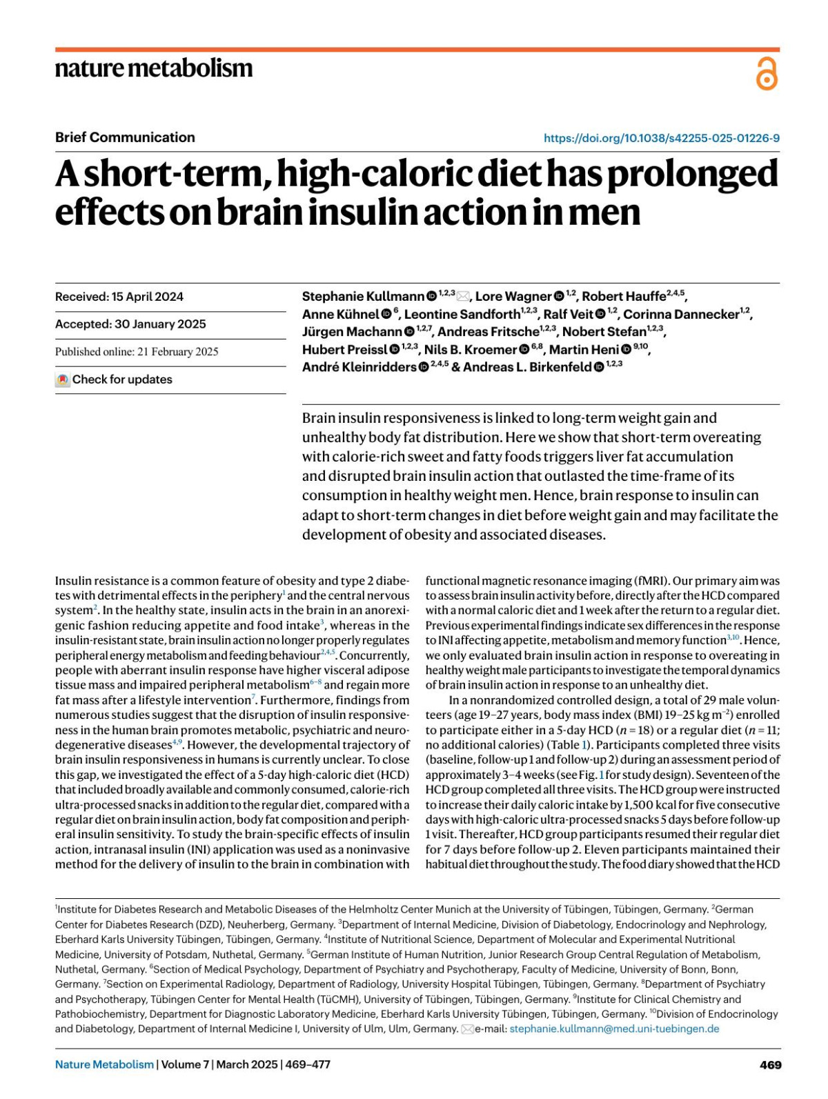 A Shortterm Highcaloric Diet Has Prolonged Effects On Brain Insulin Action In Men Stephanie Kullmann 1
