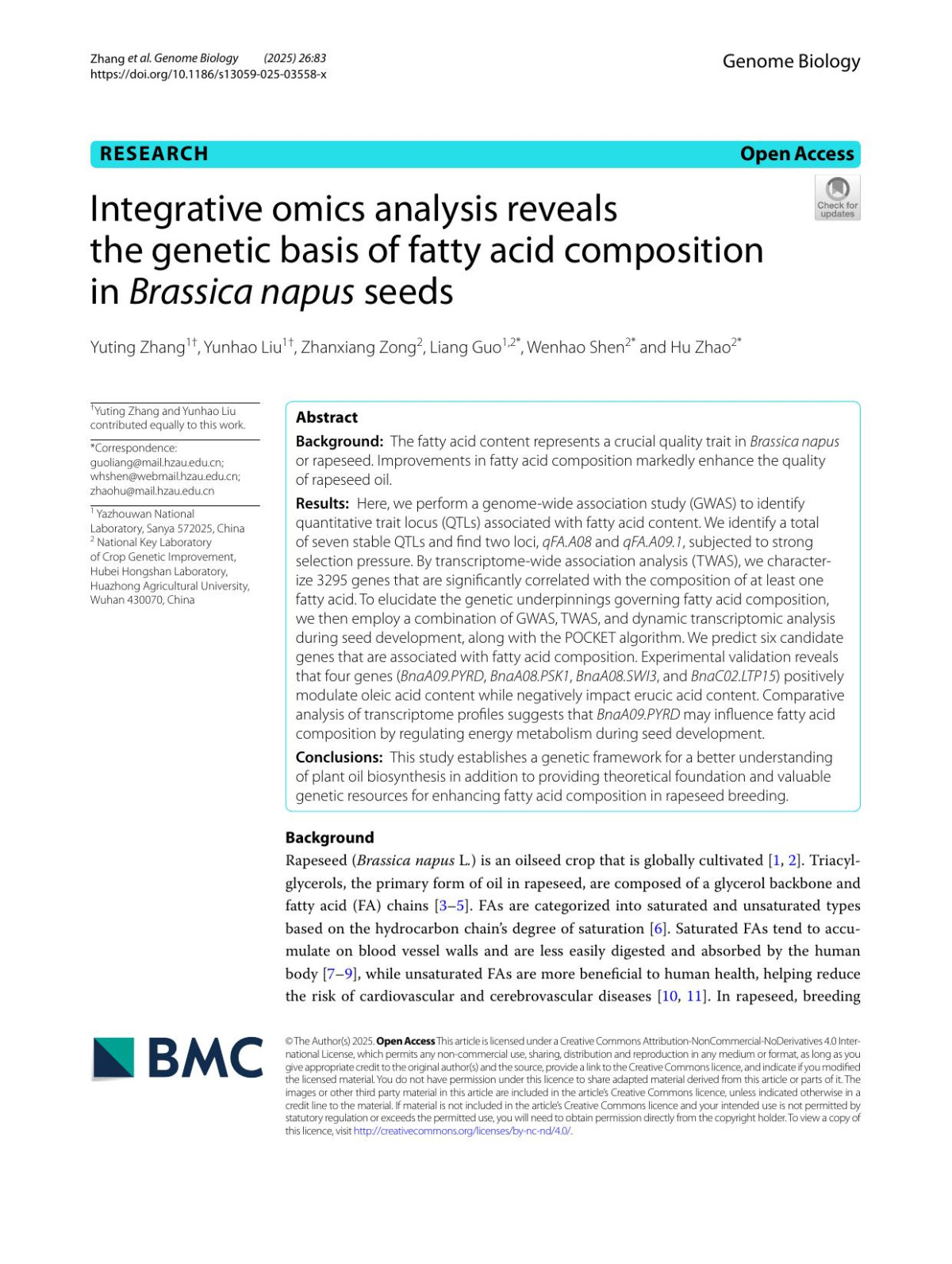 Integrative Omics Analysis Reveals The Genetic Basis Of Fatty Acid Composition In Yuting Zhang Yunhao Liu Zhanxiang Zong Liang Guo Wenhao Shen Hu Zhao