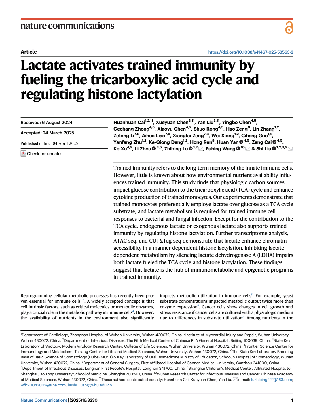 Lactate Activates Trained Immunity By Fueling The Tricarboxylic Acid Cycle And Regulating Histone Lactylation Huanhuan Cai1