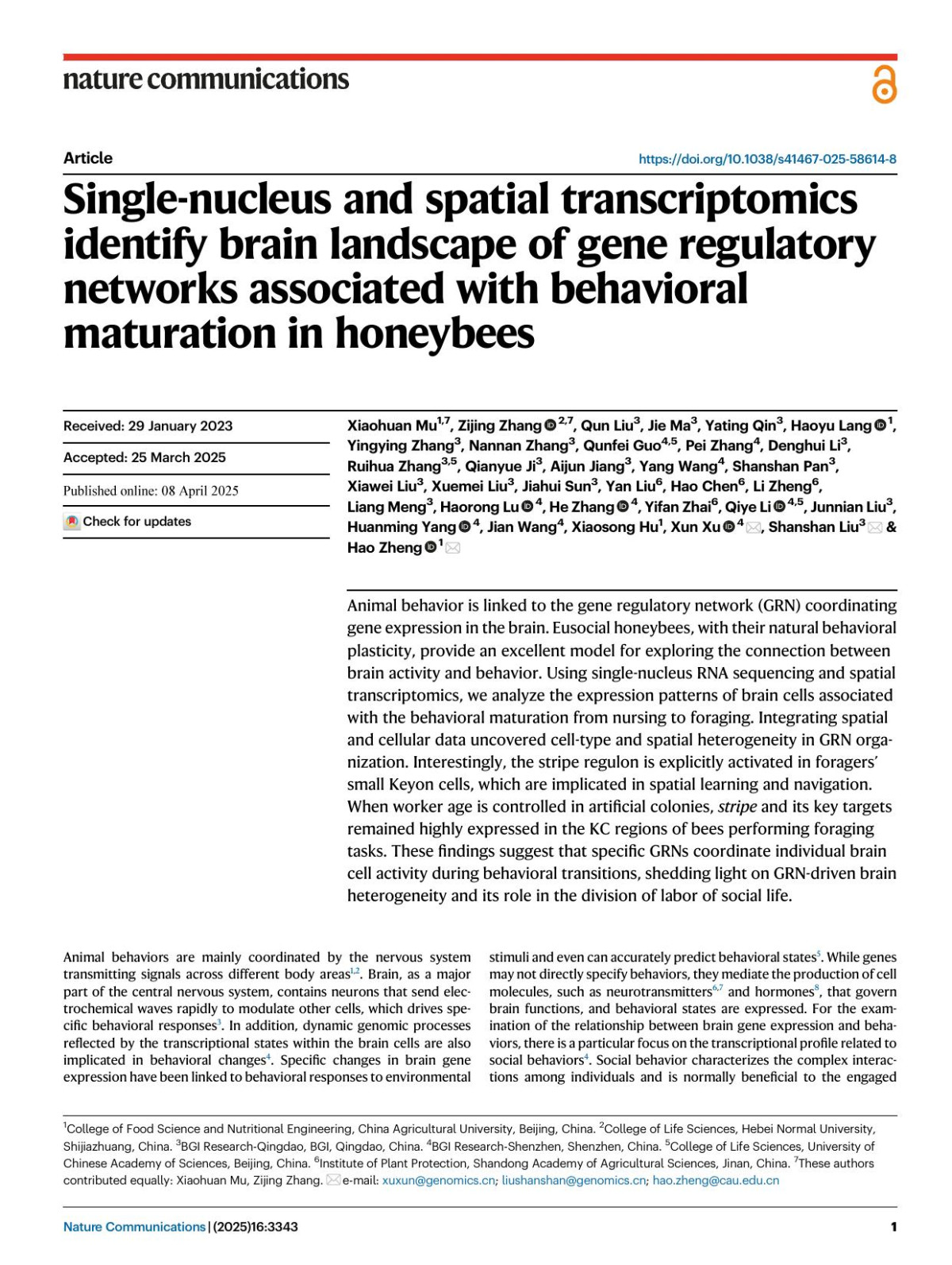 Singlenucleus And Spatial Transcriptomics Identify Brain Landscape Of Gene Regulatory Networks Associated With Behavioral Maturation In Honeybees Xiaohuan Mu1