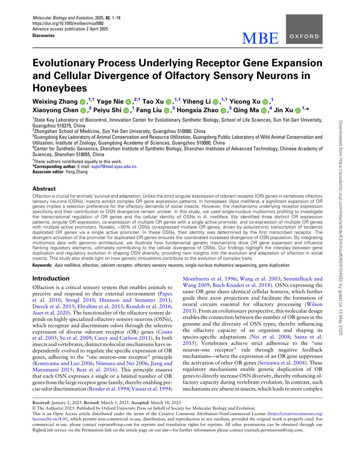 Evolutionary Process Underlying Receptor Gene Expansion And Cellular Divergence Of Olfactory Sensory Neurons In Honeybees Weixing Zhang Yage Nie Tao Xu Yiheng Li Yicong Xu Xiaoyong Chen Peiyu Shi Fang Liu Hongxia Zhao Qing Ma Jin Xu