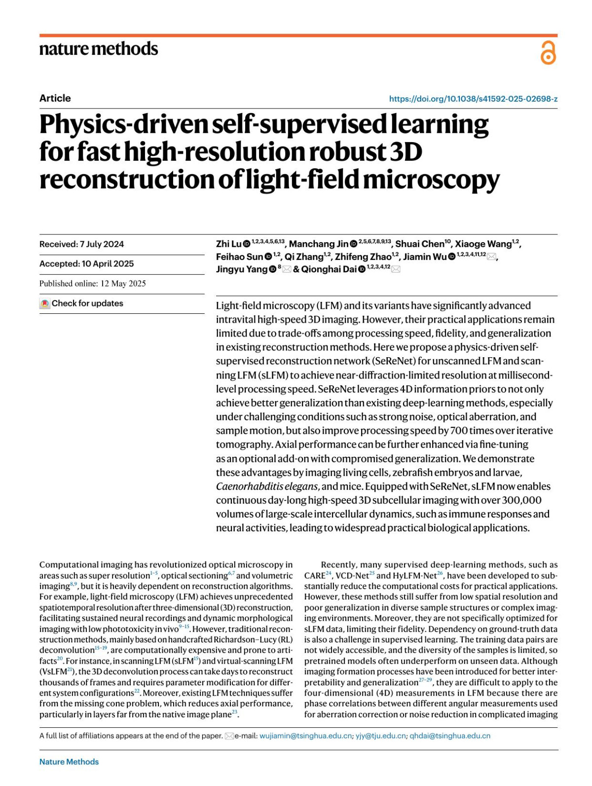 Physicsdriven Selfsupervised Learning For Fast Highresolution Robust 3d Reconstruction Of Lightfield Microscopy Zhi Lu Manchang Jin Shuai Chen Xiaoge Wang Feihao Sun Qi Zhang Zhifeng Zhao Jiamin Wu Jingyu Yang Qionghai Dai
