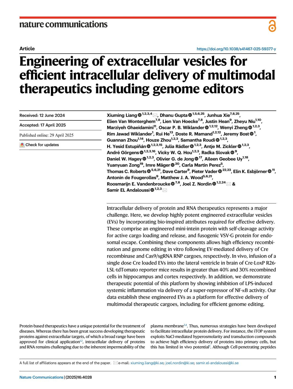 Engineering Of Extracellular Vesicles For Efficient Intracellular Delivery Of Multimodal Therapeutics Including Genome Editors Xiuming Liang 1