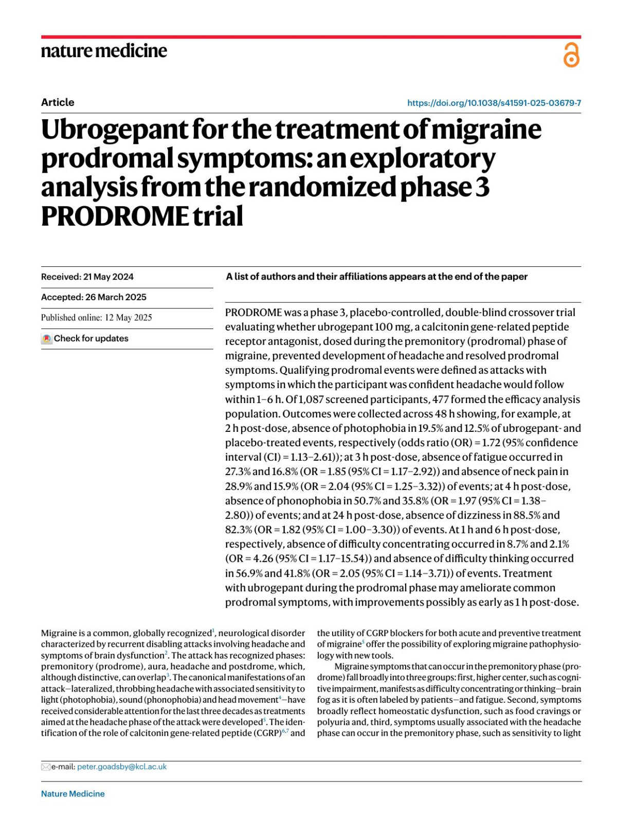 Ubrogepant For The Treatment Of Migraine Prodromal Symptoms An Exploratory Analysis From The Randomized Phase 3 Prodrome Trial Peter J Goadsby Jessica Ailani David W Dodick Amaal J Starling Chengcheng Liu Yingyi Liu Sung Yun Yu Jonathan H Smith Elimor Brandschieber Joel M Trugman