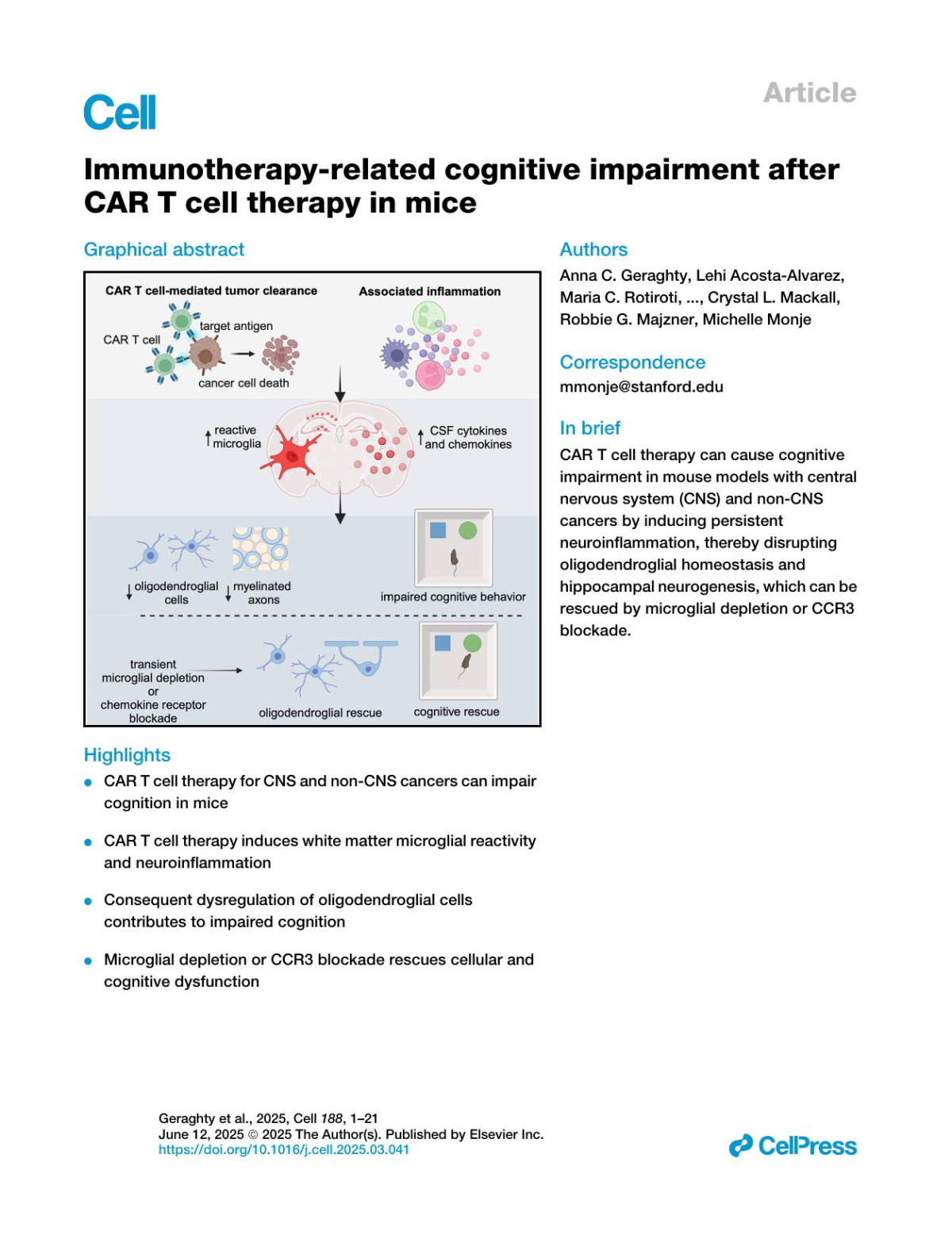 Immunotherapyrelated Cognitive Impairment After Car Tnbspcell Therapy In Mice Anna C Geraghty