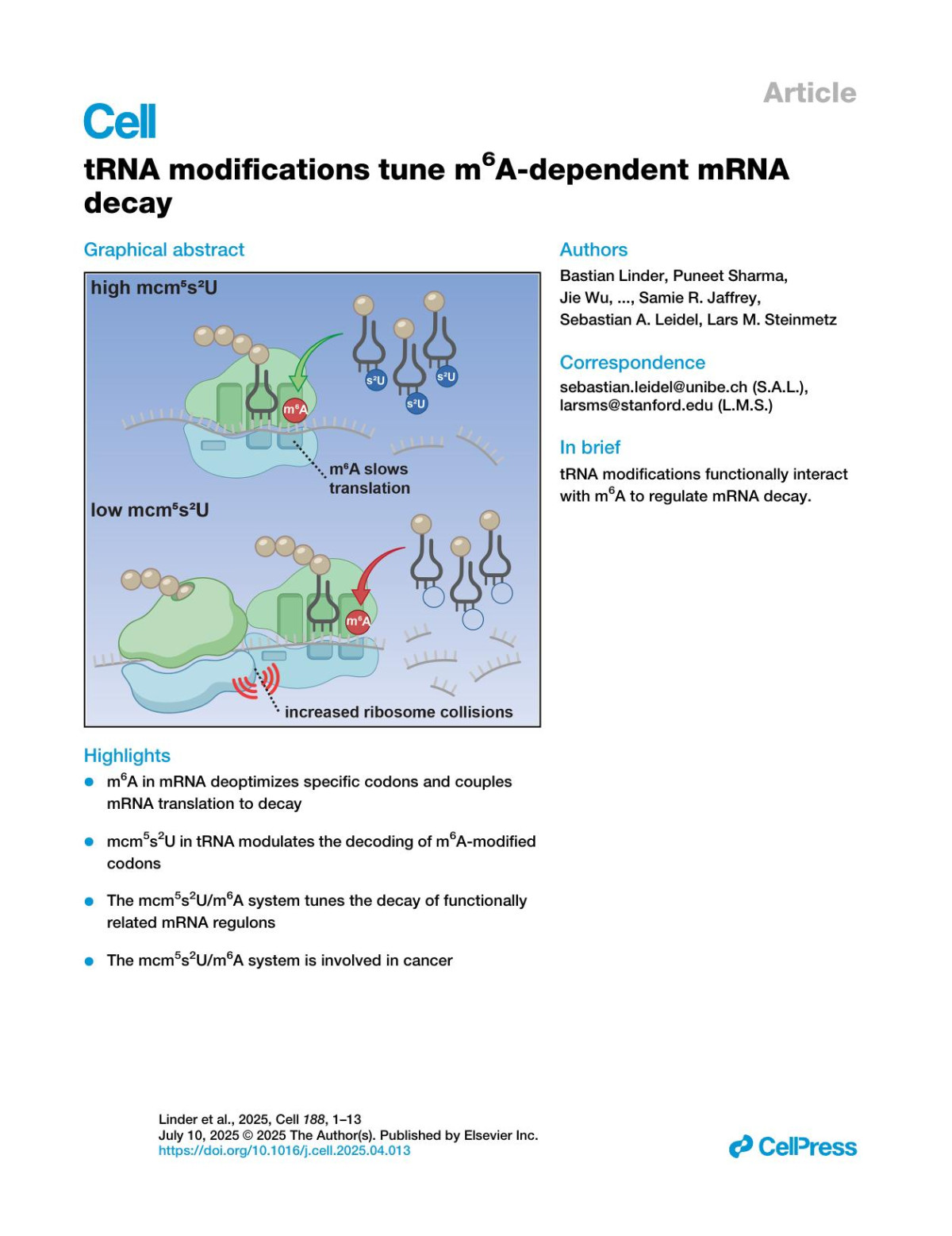 Trna Modifications Tune M6adependent Mrna Decay Bastian Linder Puneet Sharma Jie Wu Tosca Birbaumer Cristian Eggers Shino Murakami Roman E Ott Kai Fenzl Hannah Vorgerd Florian Erhard Samie R Jaffrey Sebastian A Leidel Lars M Steinmetz