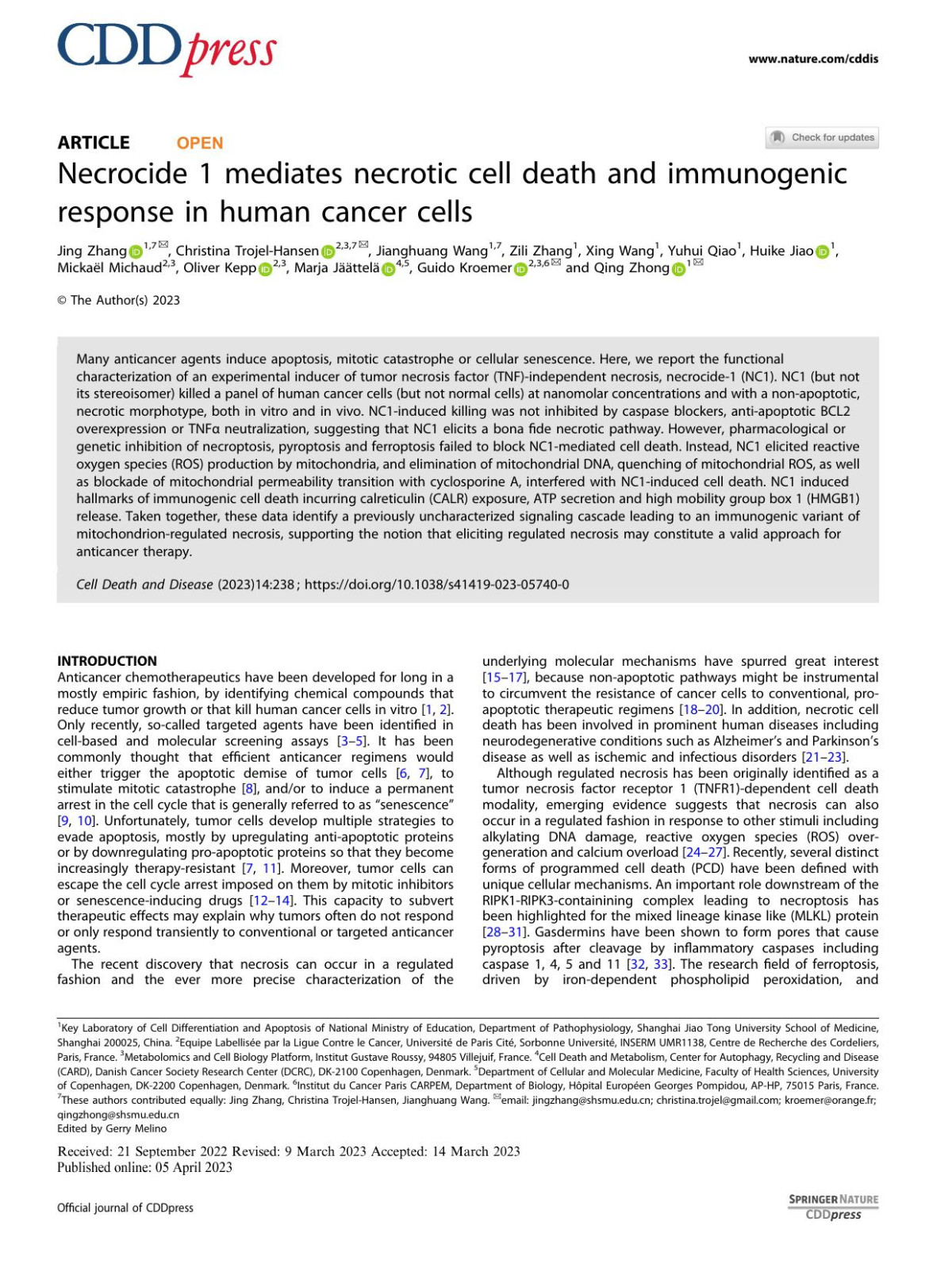 Necrocide 1 Mediates Necrotic Cell Death And Immunogenic Response In Human Cancer Cells Jing Zhang Christina Trojelhansen Jianghuang Wang Zili Zhang Xing Wang Yuhui Qiao Huike Jiao Mickaël Michaud Oliver Kepp Marja Jäättelä Guido Kroemer Qing Zhong