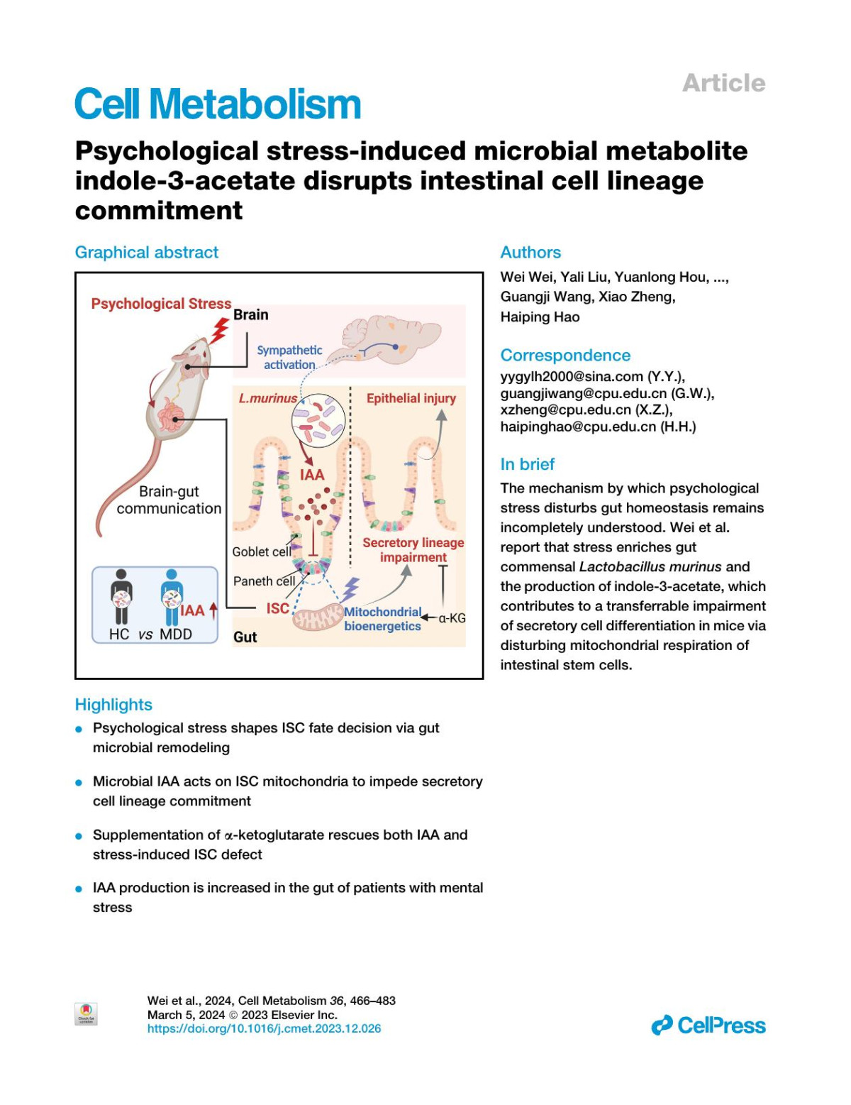 Psychological Stressinduced Microbial Metabolite Indole3acetate Disrupts Intestinal Cell Lineage Commitment Wei Wei Yali Liu Yuanlong Hou Shuqi Cao Zhuo Chen Youying Zhang Xiaoying Cai Qingyuan Yan Ziguang Li Yonggui Yuan Guangji Wang Xiao Zheng Haiping Hao