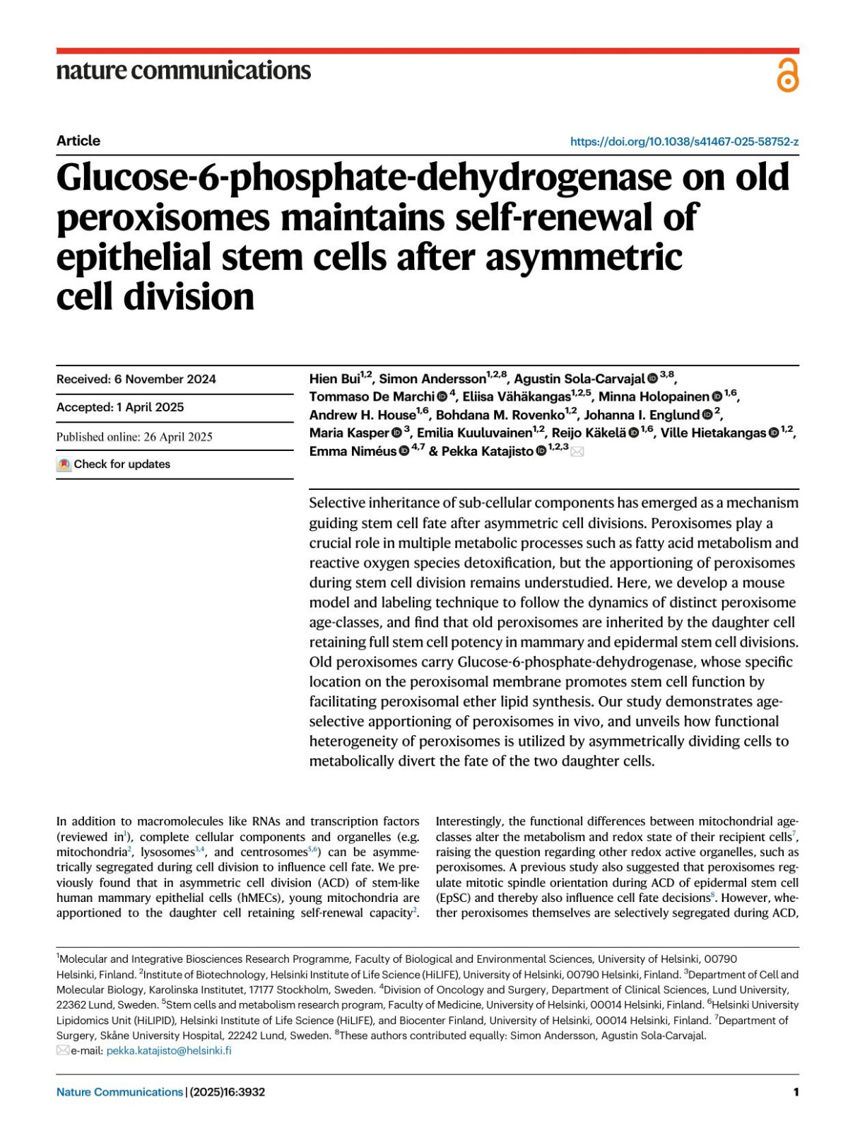 Glucose6phosphatedehydrogenase On Old Peroxisomes Maintains Selfrenewal Of Epithelial Stem Cells After Asymmetric Cell Division Hien Bui1