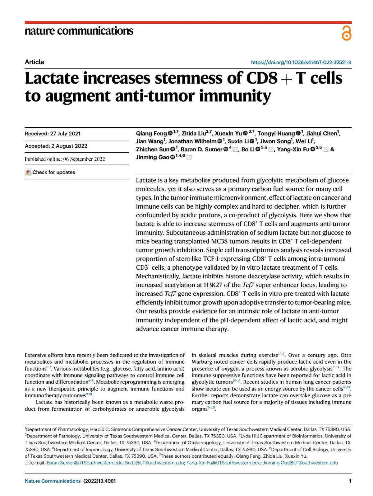 Lactate Increases Stemness Of Cd8 T Cellsto Augment Antitumor Immunity Qiang Feng Zhida Liu Xuexin Yu Tongyi Huang Jiahui Chen Jian Wang Jonathan Wilhelm Suxin Li Jiwon Song Wei Li Zhichen Sun Baran D Sumer Bo Li Yangxin Fu Jinming Gao