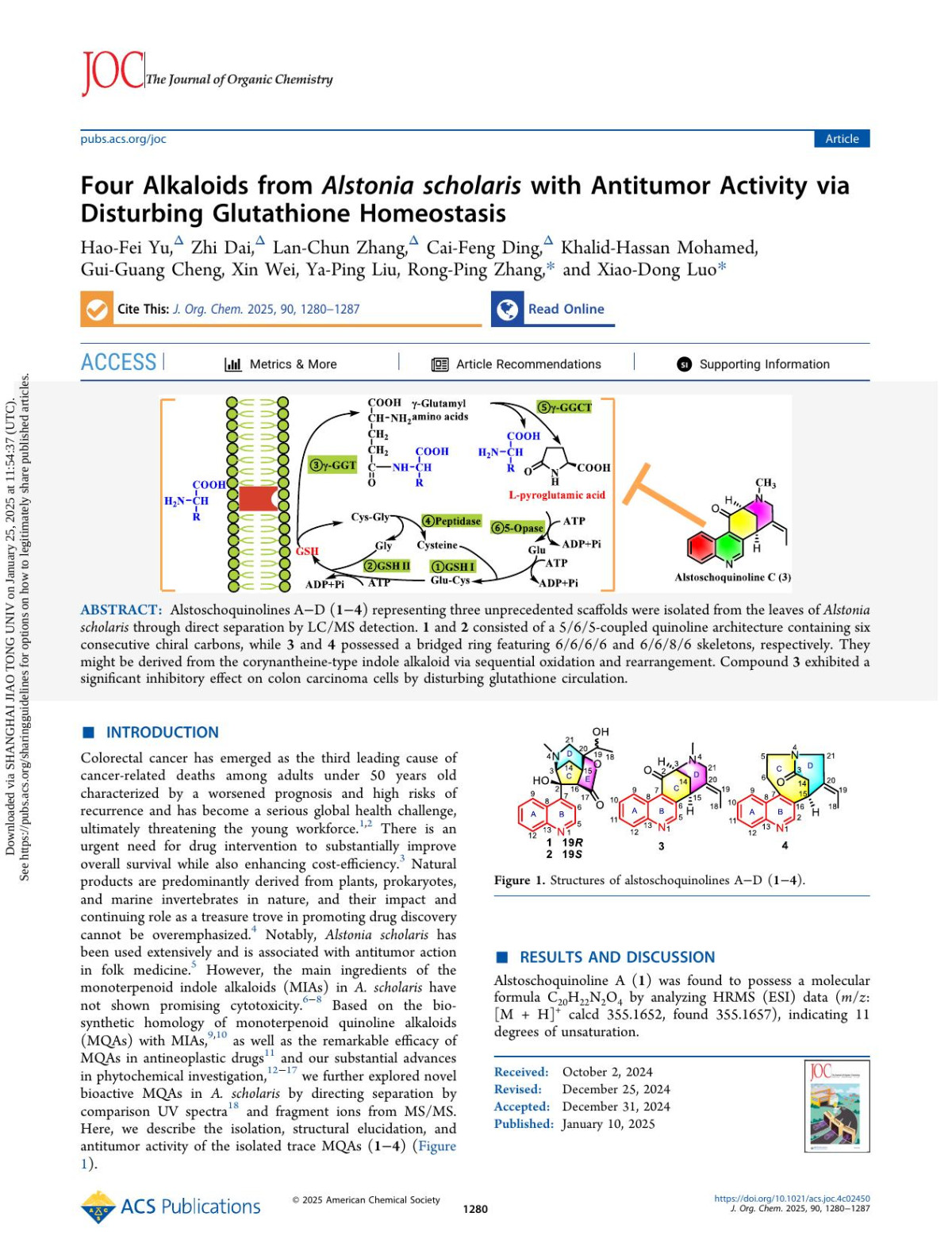 Four Alkaloids From Alstonia Scholaris With Antitumor Activity Via Disturbing Glutathione Homeostasis Haofei Yu