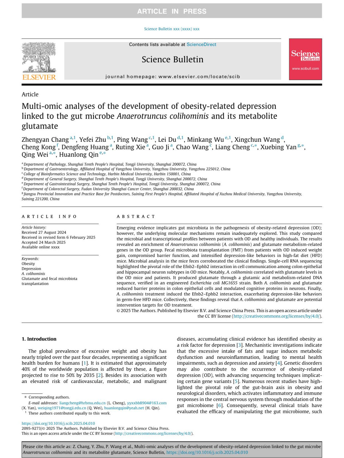 Multiomic Analyses Of The Development Of Obesityrelated Depression Linked To The Gut Microbe Anaerotruncus Colihominis And Its Metabolite Glutamate Zhengyan Chang Yefei Zhu Ping Wang Lei Du Minkang Wu Xingchun Wang Cheng Kong Dengfeng Huang Ruting Xie Guo Ji Chao Wang Liang Cheng Xuebing Yan Qing Wei Huanlong Qin