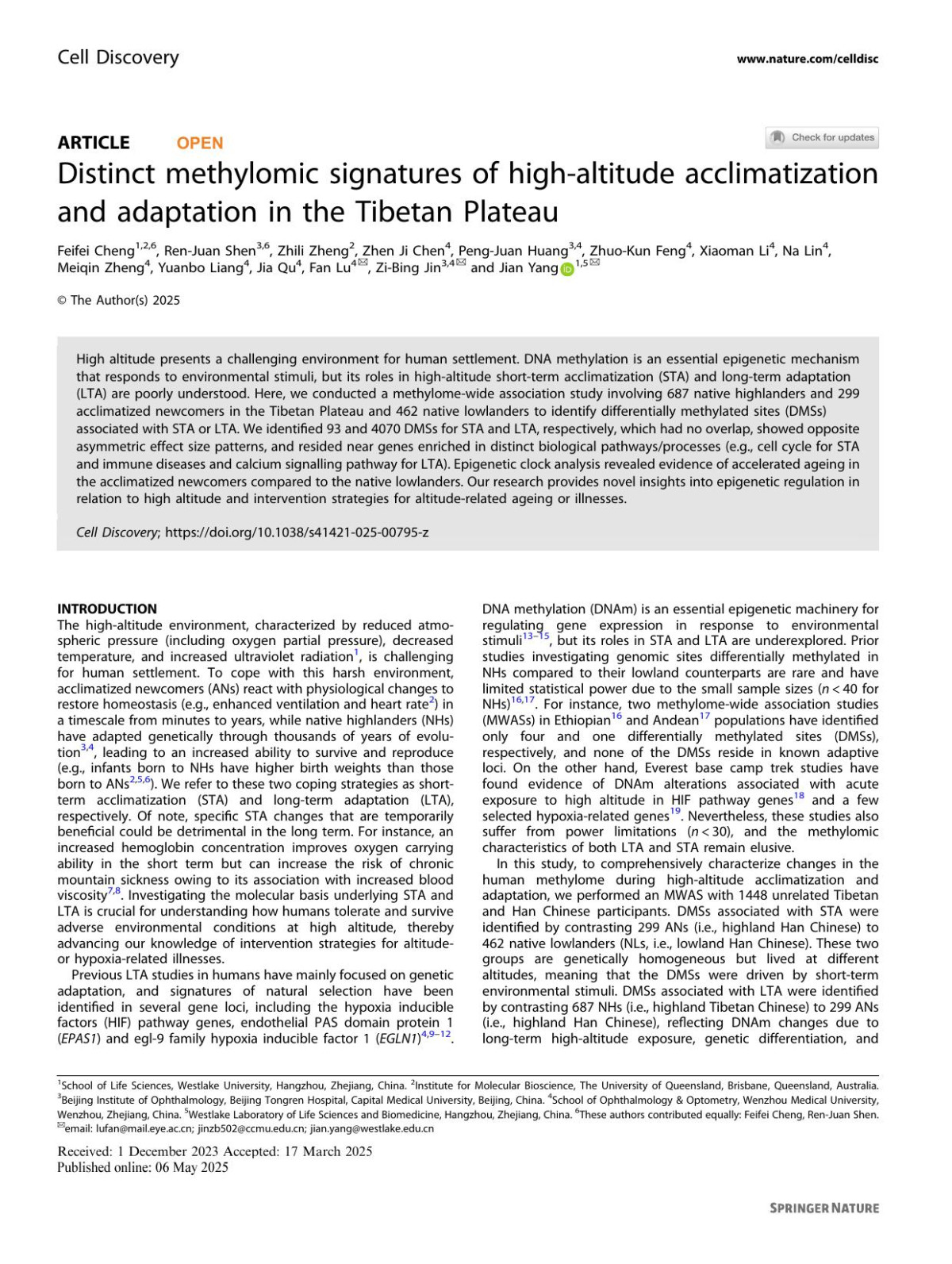 Distinct Methylomic Signatures Of Highaltitude Acclimatization And Adaptation In The Tibetan Plateau Feifei Cheng Renjuan Shen Zhili Zheng Zhen Ji Chen Pengjuan Huang Zhuokun Feng Xiaoman Li Na Lin Meiqin Zheng Yuanbo Liang Jia Qu Fan Lu Zibing Jin Jian Yang