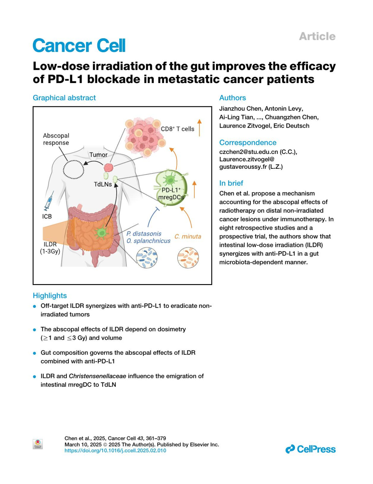 Lowdose Irradiation Of The Gut Improves The Efficacy Of Pdl1 Blockade In Metastatic Cancer Patients Jianzhou Chen