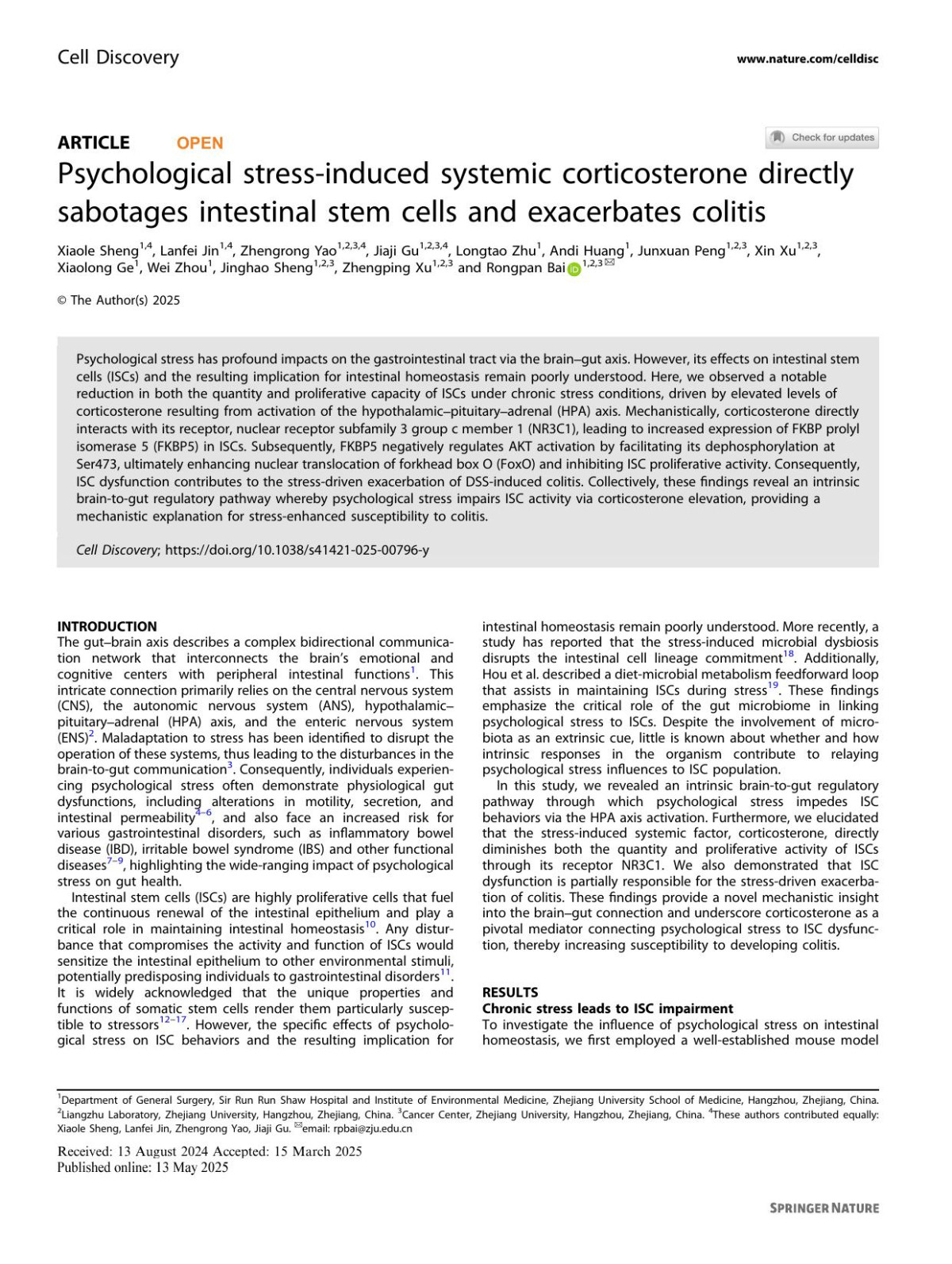 Psychological Stressinduced Systemic Corticosterone Directly Sabotages Intestinal Stem Cells And Exacerbates Colitis Xiaole Sheng Lanfei Jin Zhengrong Yao Jiaji Gu Longtao Zhu Andi Huang Junxuan Peng Xin Xu Xiaolong Ge Wei Zhou Jinghao Sheng Zhengping Xu Rongpan Bai