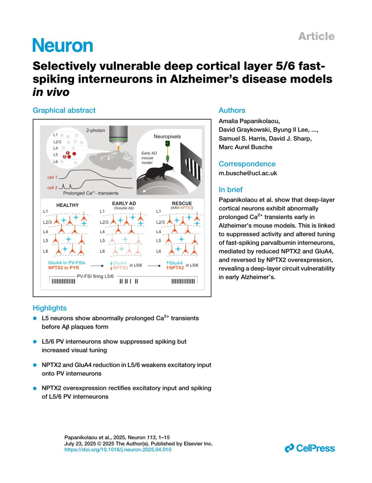 Selectively Vulnerable Deep Cortical Layer 56 Fastspiking Interneurons In Alzheimers Disease Models In Vivo Amalia Papanikolaou David Graykowski Byung Il Lee Mengke Yang Robert Ellingford Jana Zünkler Suraya A Bond James M Rowland Rikesh M Rajani Samuel S Harris David J Sharp Marc Aurel Busche