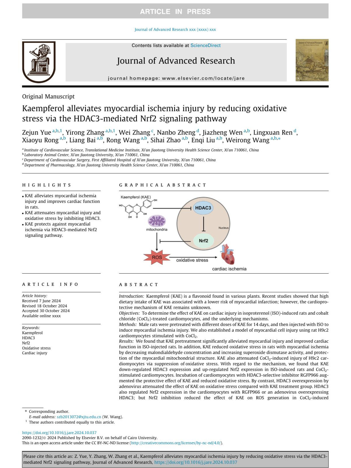 Kaempferol Alleviates Myocardial Ischemia Injury By Reducing Oxidative Stress Via The Hdac3mediated Nrf2 Signaling Pathway Zejun Yue Yirong Zhang Wei Zhang Nanbo Zheng Jiazheng Wen Lingxuan Ren Xiaoyu Rong Liang Bai Rong Wang Sihai Zhao Enqi Liu Weirong Wang