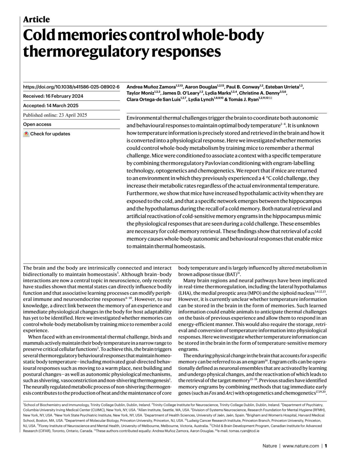 Cold Memories Control Wholebody Thermoregulatory Responses Andrea Muampx000f1oz Zamora Aaron Douglas Paul B Conway Esteban Urrieta Taylor Moniz James D Oampx02019leary Lydia Marks Christine A Denny Clara Ortegade San Luis Lydia Lynch Tomampx000e1s J Ryan