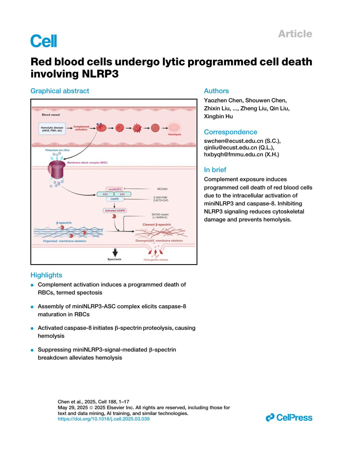 Red Blood Cells Undergo Lytic Programmed Cell Death Involving Nlrp3 Yaozhen Chen Shouwen Chen Zhixin Liu Yafen Wang Ning An Yutong Chen Yihao Peng Zheng Liu Qin Liu Xingbin Hu