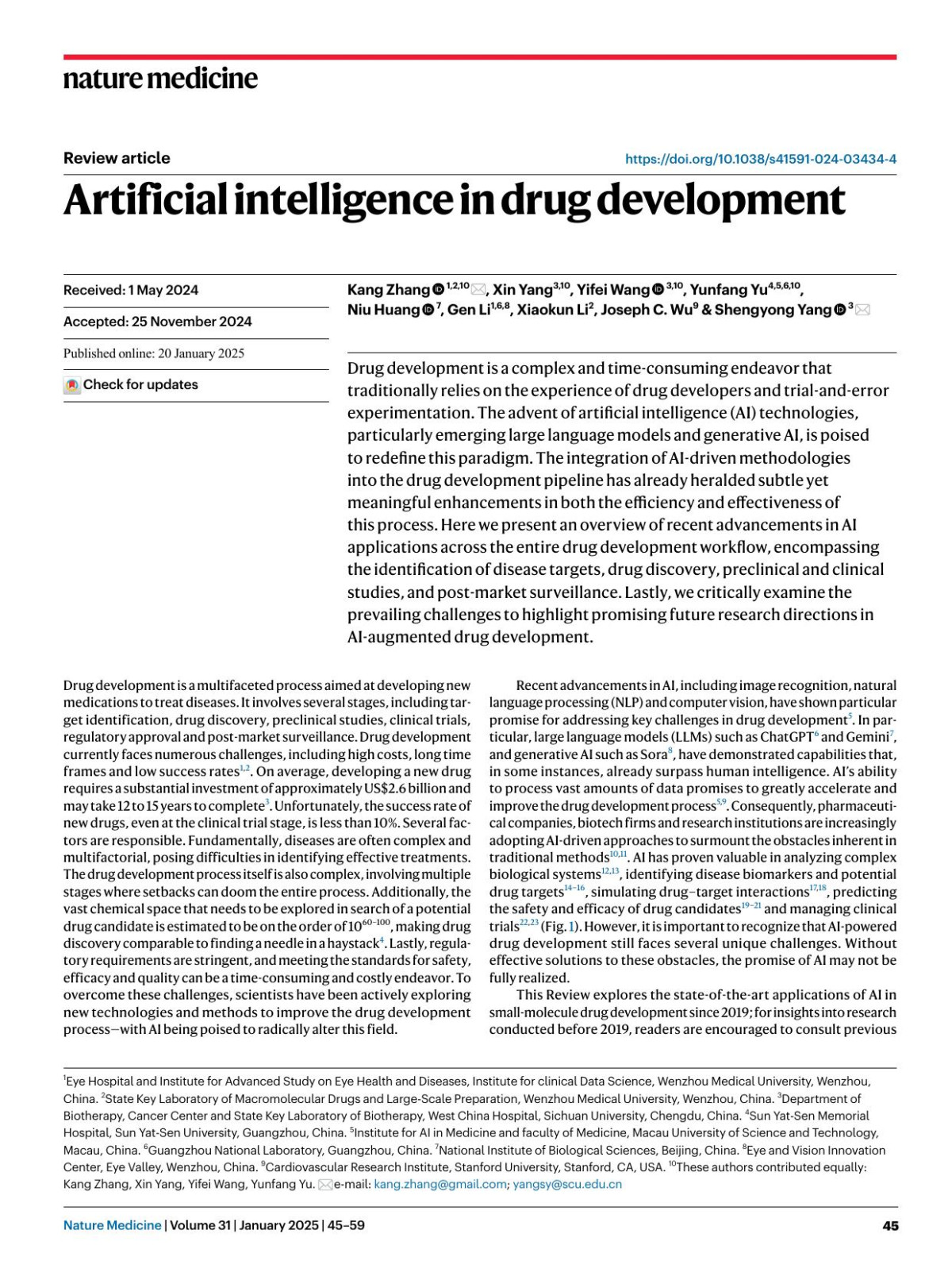 Artificial Intelligence In Drug Development Kang Zhang Xin Yang Yifei Wang Yunfang Yu Niu Huang Gen Li Xiaokun Li Joseph C Wu Shengyong Yang
