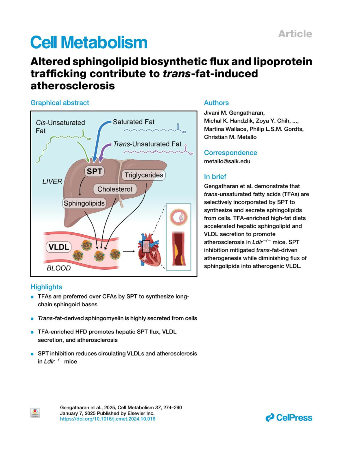 Altered Sphingolipid Biosynthetic Flux And Lipoprotein Trafficking Contribute To Transfatinduced Atherosclerosis Jivani M Gengatharan Michal K Handzlik Zoya Y Chih Maureen L Ruchhoeft Patrick Secrest Ethan L Ashley Courtney R Green Martina Wallace Philip Lsm Gordts Christian M Metallo